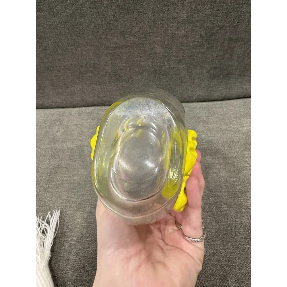Vintage Art Glass Purse Vase Clear‎ with Yellow Flower Accents Hand Blown 9.5